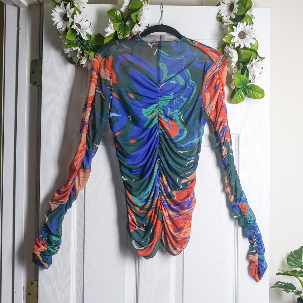 KAI Collective Gaia Top Long Sleeve Abstract Colorful size XL Forest Green Mesh